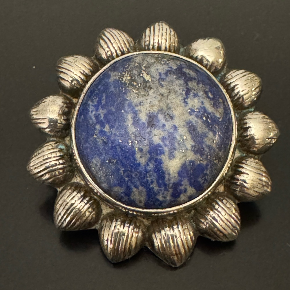 Vintage Sterling Silver Lapis Flower Brooch